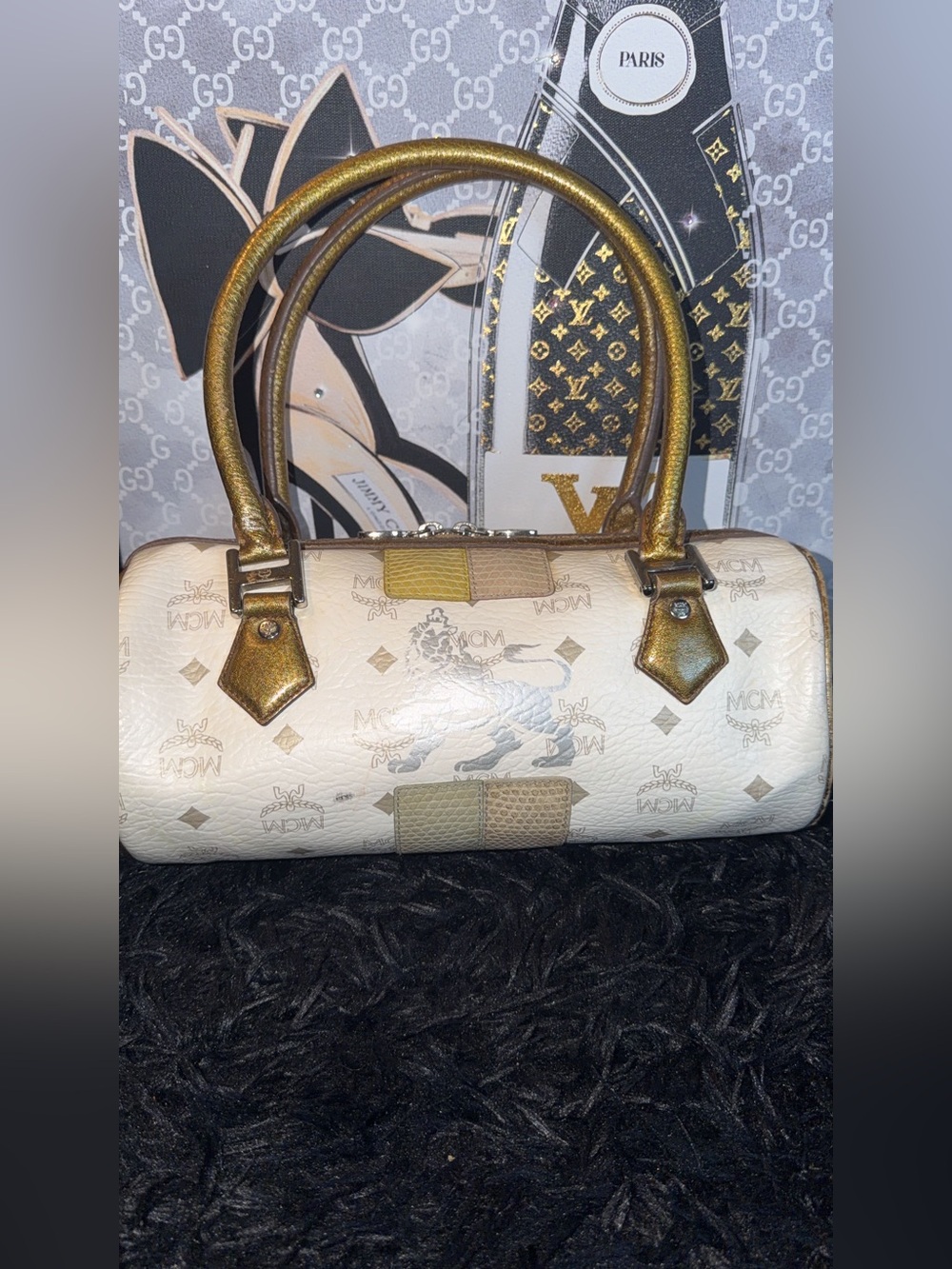 MCM Cream Logo Barrel Bag with Gold Handles